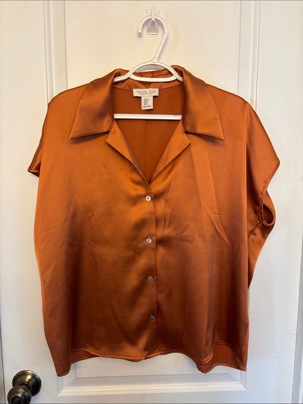 Rachel Zoe Rust Satin Short-Sleeve Button Front Top